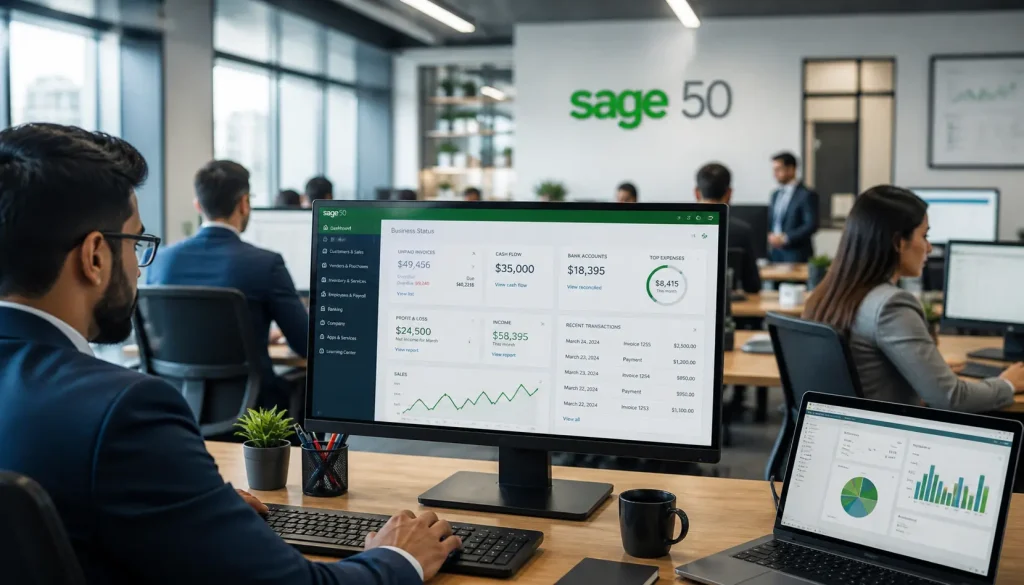 Sage 50 Pro vs Premium vs Quantum accounting software comparison on office computers