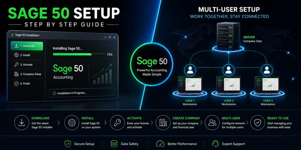 Sage 50 setup process showing installation steps, company file creation, and multi user configuration on a desktop screen