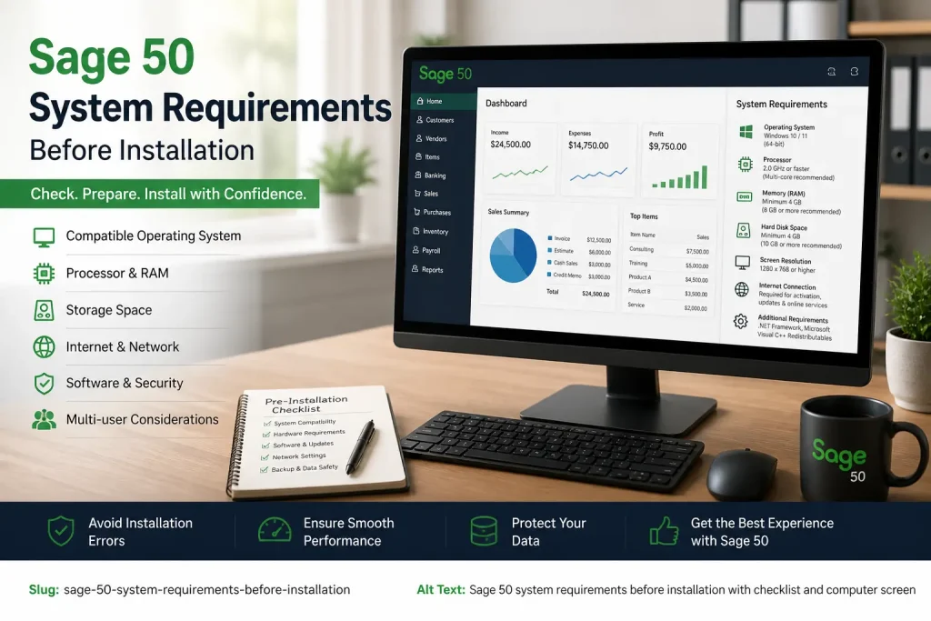 Sage 50 system requirements before installation showing checklist, computer setup, and accounting software dashboard on screen