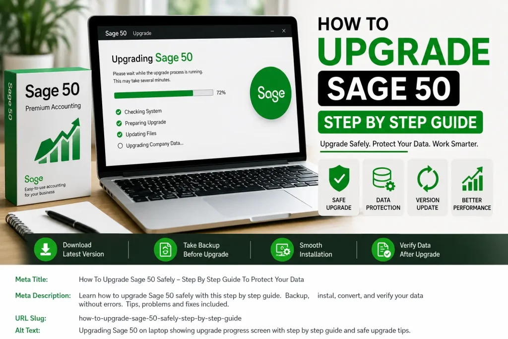 Sage 50 upgrade process on Windows computer showing software update screen with accounting dashboard and step by step upgrade concept