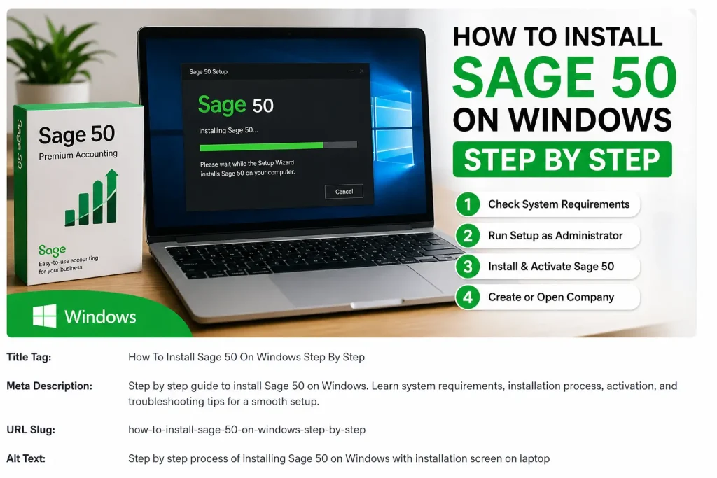 Sage 50 installation process on Windows laptop showing setup screen with step by step guide for accounting software installation