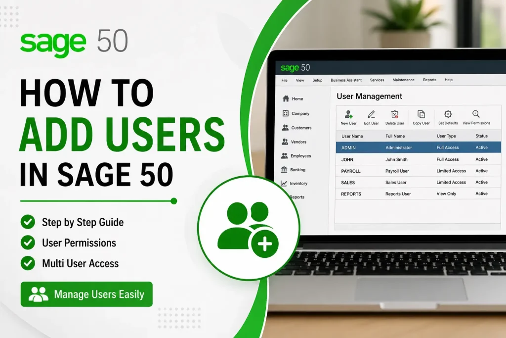 How to add users in Sage 50 accounting software with user permissions and multi user access setup displayed on laptop screen