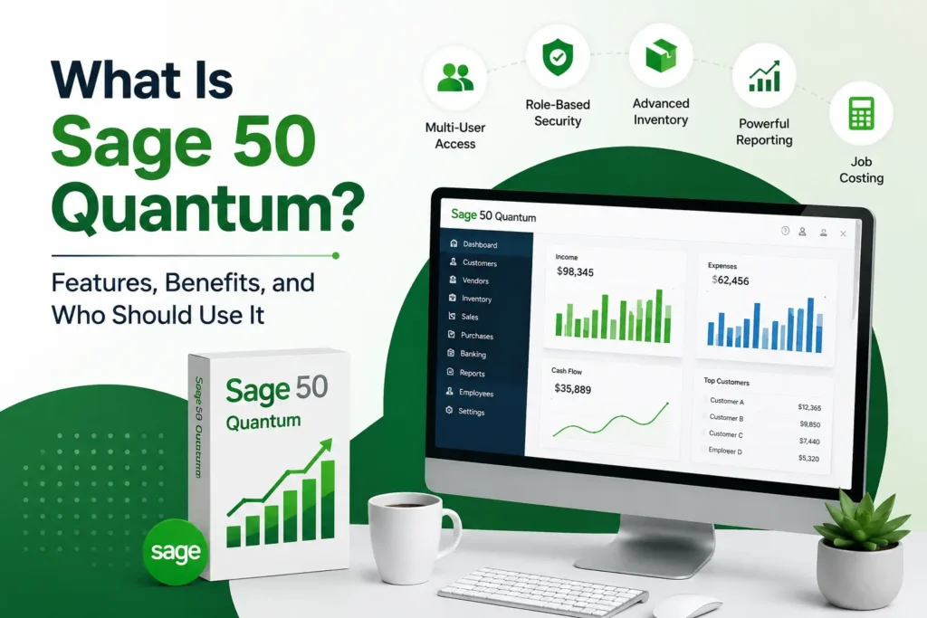 Sage 50 Quantum dashboard showing advanced accounting, inventory management, financial reporting, and multi user business accounting features.